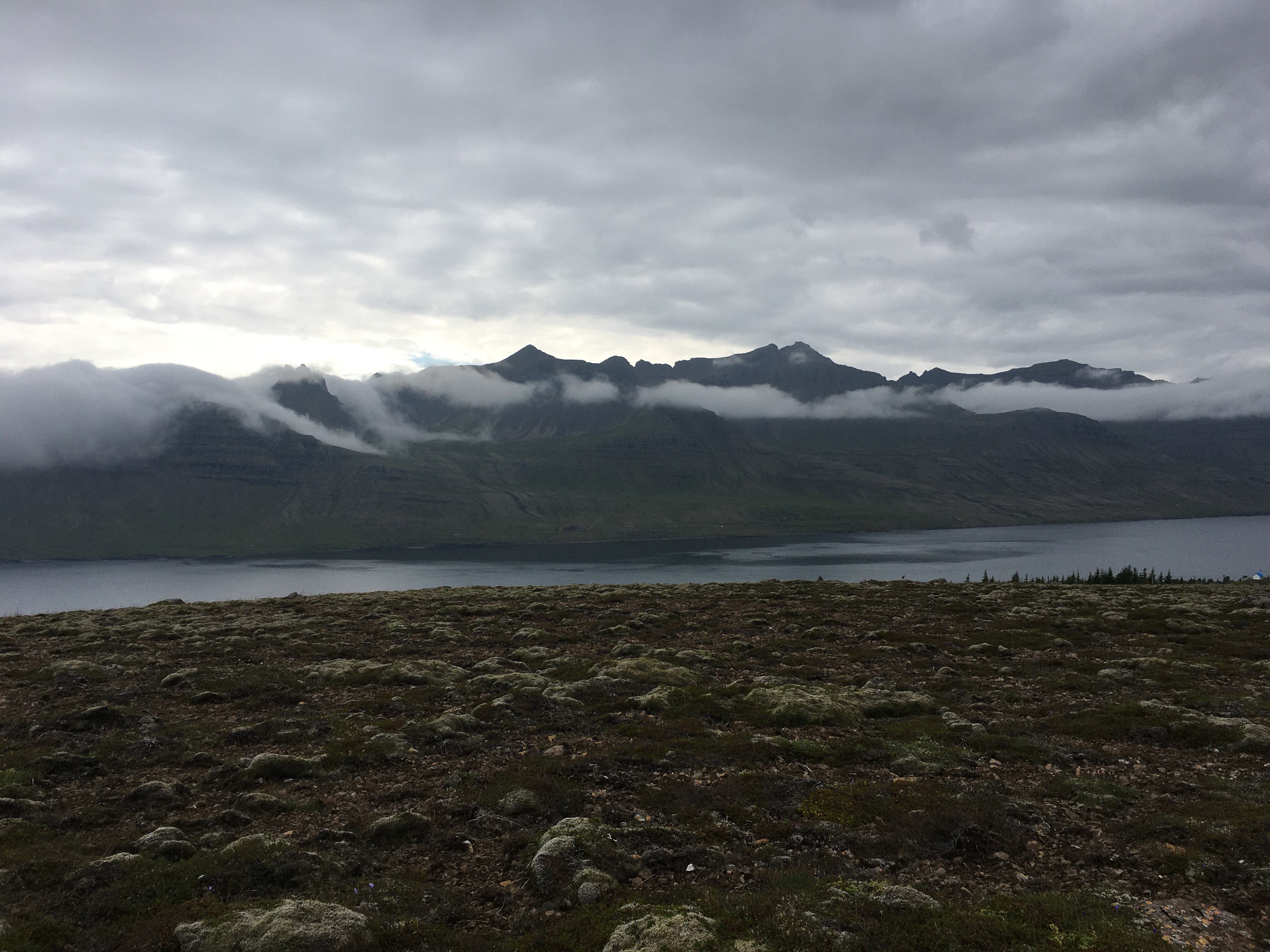 Desolated landscape photograph from Iceland; in the background a river and foggy mountaintops are visible